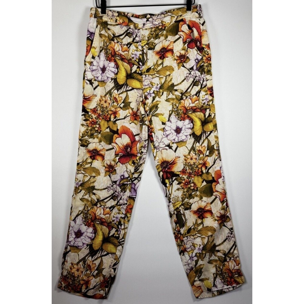 Chicos Pants Womens 6R‎ Beige Multicolor Floral Linen Blend Straight Leg Pockets